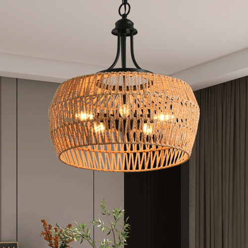 19-Inch Black and Wood Iron Pendant Light with Woven Rope Shade