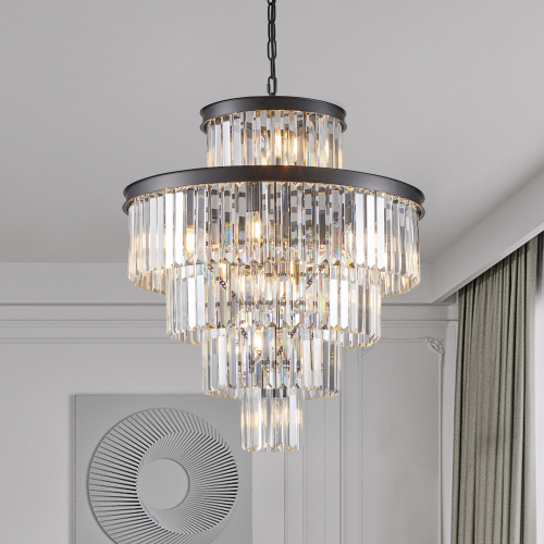 24-Inch Black Crystal and Iron 15-Light Five-Tier Chandelier