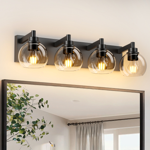 Industrial Bathroom Vanity Light,4-Light Bathroom Lights Over Mirror with Clear Glass Globe Shade and Metal Base, Matte Black Bathroom Vanity Light Fixture(Bulbs Not Included) - Iron - Iron