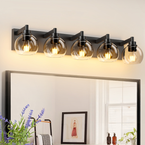 Modern Black 5-Light Iron Bathroom Vanity Light with Clear Globes