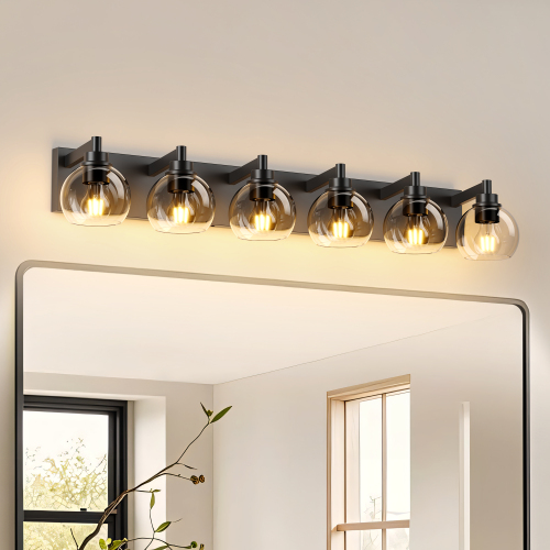 Black Iron 6-Light Farmhouse Vanity Light with Glass Shade, 19.3-Inch