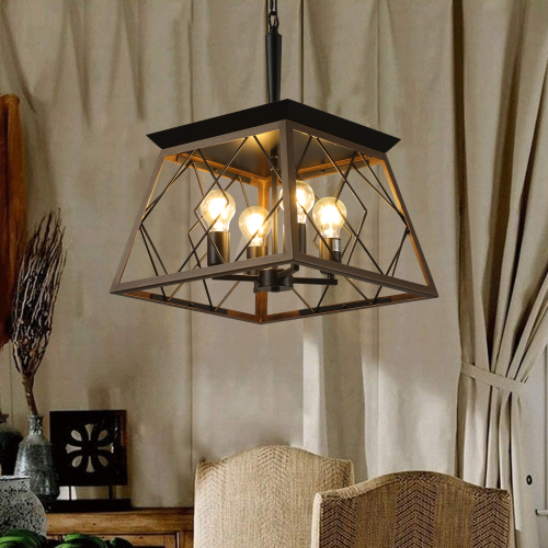 16-Inch Walnut and Black Iron 4-Light Cage Pendant Chandelier
