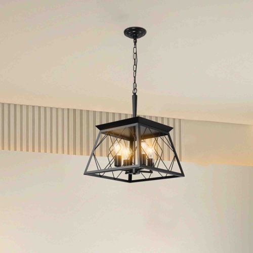 16-Inch Black Iron 4-Light Cage Pendant Chandelier, Farmhouse Style