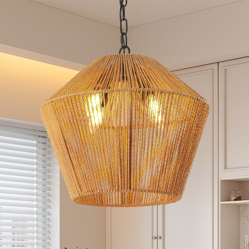 17-Inch Natural Wood and Iron Rope Pendant Light for Kitchen or Dining