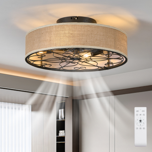20-Inch Black Iron Flush Mount Ceiling Fan with Light and Remote