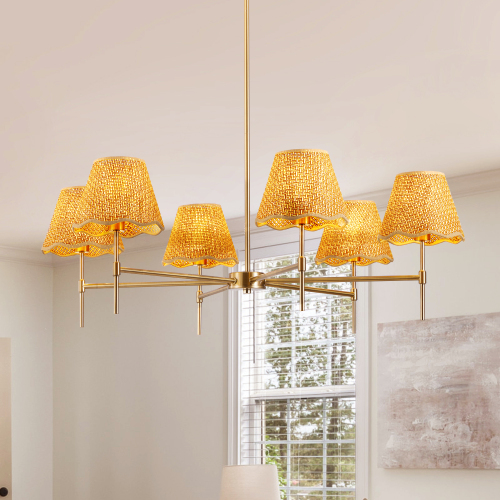Gold Iron 6-Light Rattan-Style Chandelier for Kitchen Island or Dining Room