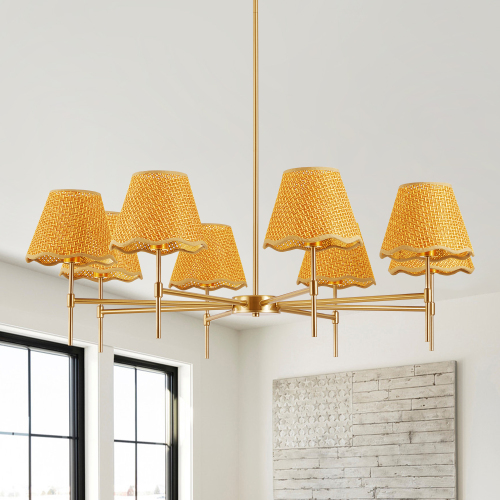 Gold 8-Light Farmhouse Iron Chandelier with Adjustable Hanging Pole