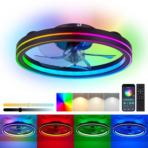 19-Inch Black Iron RGB Flush Mount Ceiling Fan Light with APP