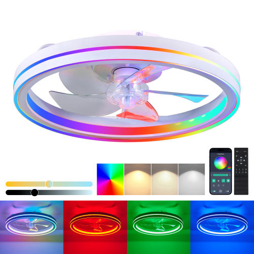 19-Inch White Iron Smart RGB LED Low-Profile Ceiling Fan with Light