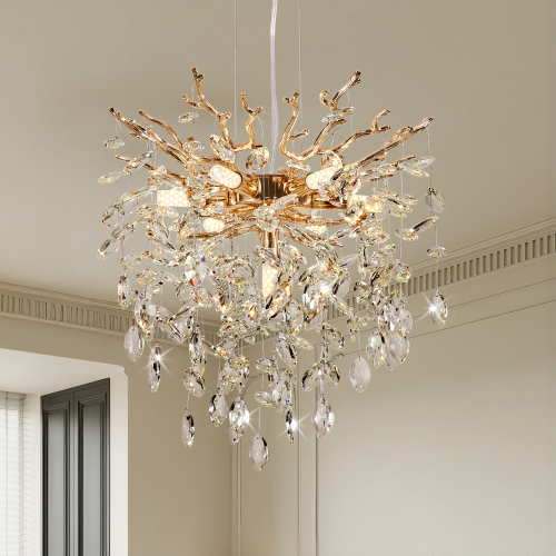 Gold Iron Branch Crystal Chandelier, 7-Light, 18-Inch Modern Pendant