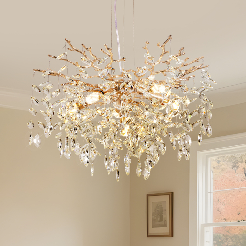 Modern 6-Light Gold Iron Branch Crystal Chandelier, 17.7 Inch