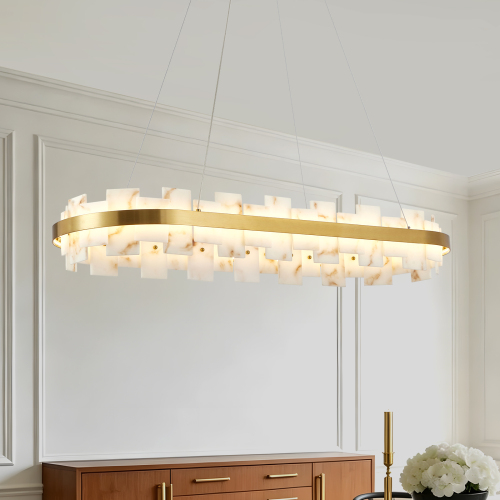 Gold Iron Alabaster Rectangle Chandelier, 37.4-Inch Ceiling Light