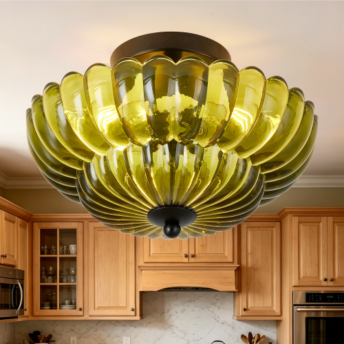 Green Glass 3-Bulb Semi-Flush Ceiling Light, Black Iron Fixture