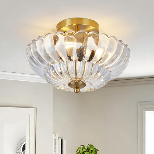 11.8-Inch Gold Iron 3-Light Semi-Flush Ceiling Light with Clear Glass