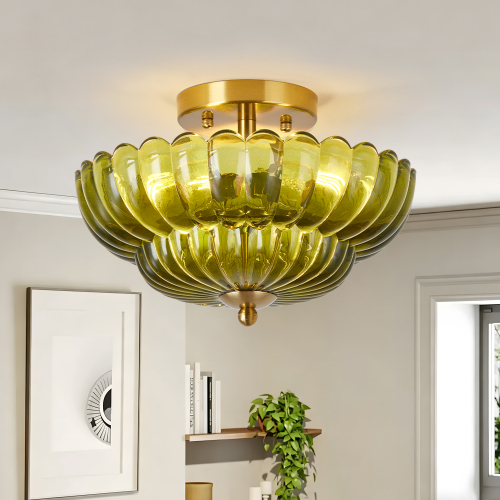 Green 11.8-Inch 3-Light Iron Semi-Flush Mount Ceiling Light Fixture