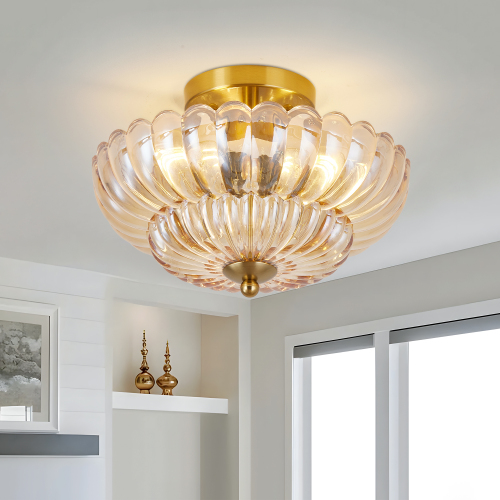 11.8-Inch Amber Iron 3-Light Semi-Flush Ceiling Light with Flower Glass