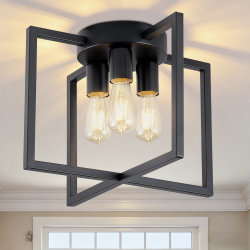 3-Light Black Iron Semi-Flush Mount Ceiling Light with Geometric Shade