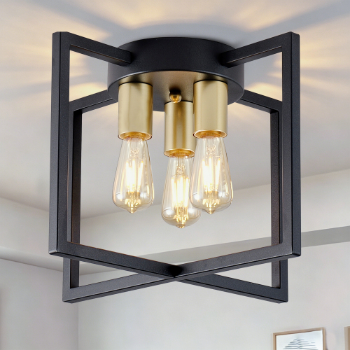14.6-Inch Black Iron 3-Light Semi-Flush Geometric Ceiling Fixture