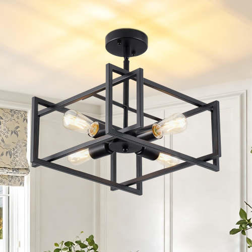 4-Light 14.6-Inch Black Iron Flush Mount Ceiling Light Fixture