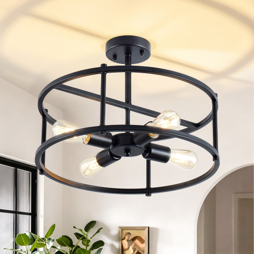Black Iron 4-Light Industrial Semi-Flush Mount Ceiling Fixture