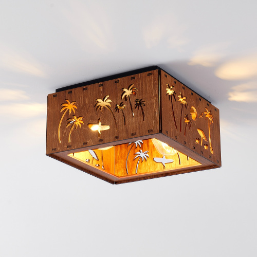 Wood 2-Light Iron Flush Mount Ceiling Light, 11.4-Inch Square