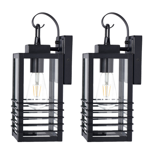 14.6-Inch Matte Black Iron Outdoor Wall Lantern with Glass Shade