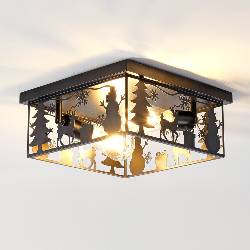 Rustic Black Iron Square Flush Mount Ceiling Light, 2-Light Deer Snowman
