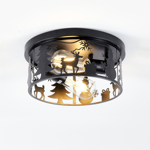 Black Iron 2-Light Rustic Deer & Snowman Flush Mount Light