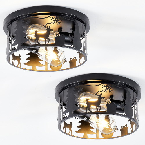 2-Pack Black Iron 11.2-Inch Deer & Snowman Flush Mount Lights