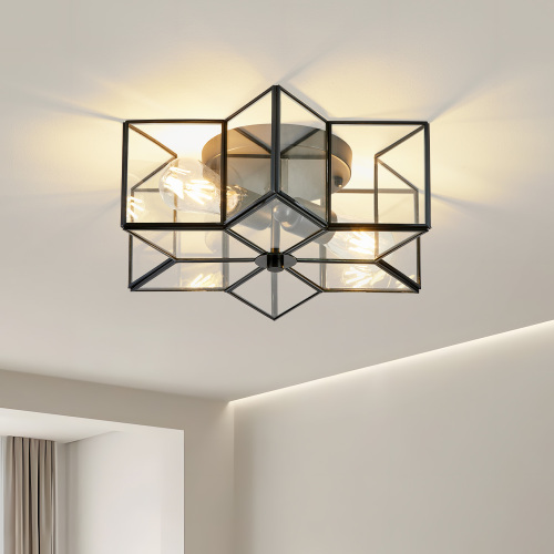 Vintage Star Flush Mount Ceiling Light 16in Black Lighting Fixture Farmhouse Close to Ceiling Lights with Clear Glass Shade,2-Light Moravian Lighting Lights for Bedroom,Foyer(Bulbs NOT Included) - Iron - Iron - Not Specified