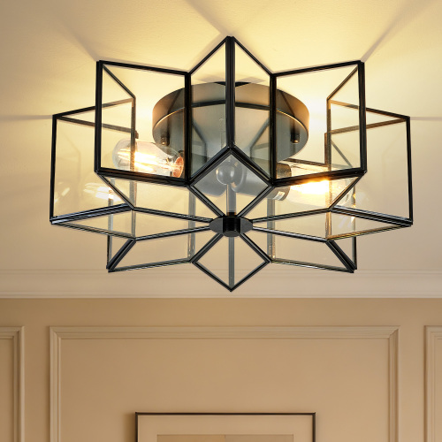 Black Iron Star Flush Mount Ceiling Light, 16-Inch, 2-Light