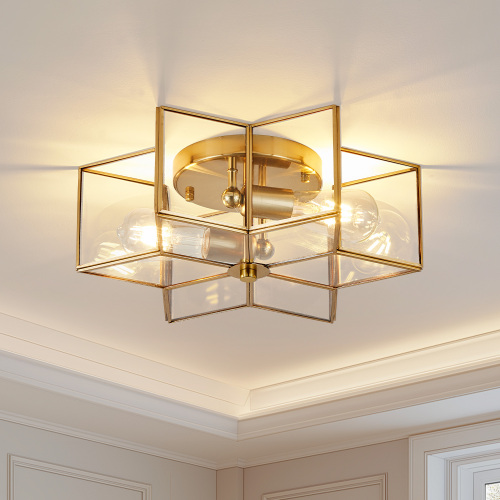 Gold Iron 16-Inch 2-Light Semi-Flush Mount with Clear Glass Shade