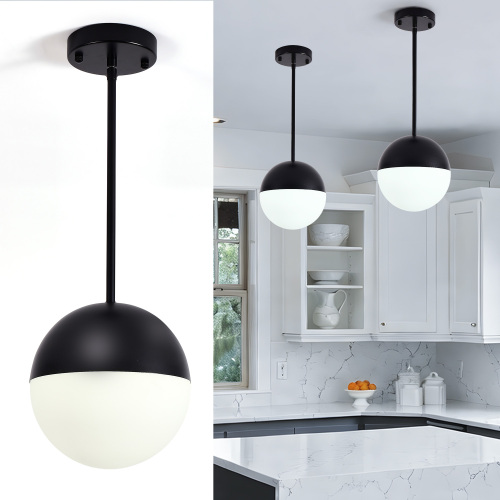 2-Pack Mid-Century Black Iron Pendant Lights with White Globe Shades