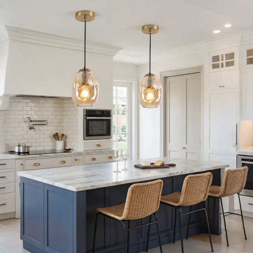 Gold Iron Wavy Glass Pendant Light, 2-Pack with E26 Base for Kitchen Islands