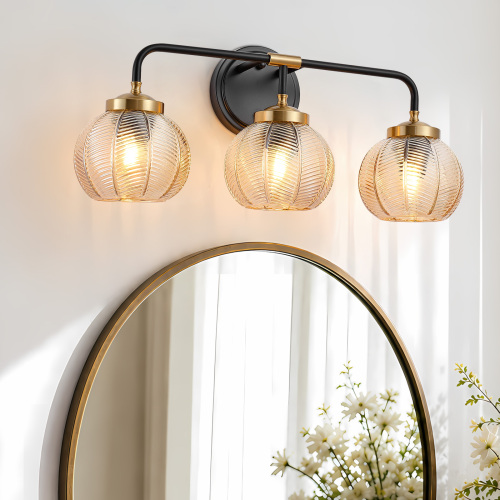 3-Light Black and Gold Iron Vanity Light with Leaf-Texture Glass Shades