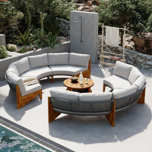 Grey 3-Piece Acacia Wood Patio Sofa Set with Cushions, Seats 6
