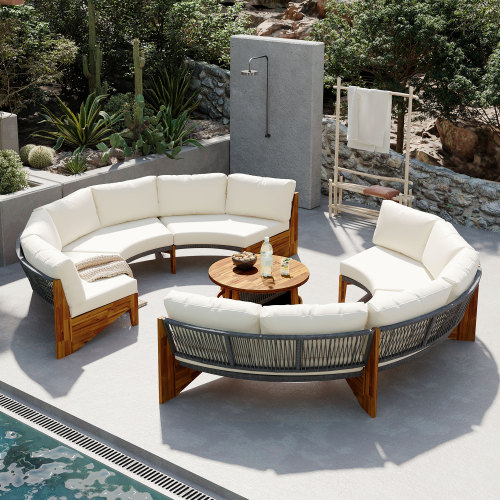 Beige 3-Piece Acacia Wood Patio Sofa Set with Cushions, Seats 6