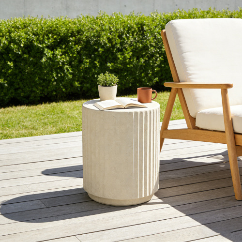 Cosiest Beige Magnesium Oxide Wave Cylinder Outdoor Side Table