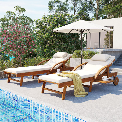 Set of 2 Beige 77.5-Inch Acacia Wood Adjustable Patio Loungers