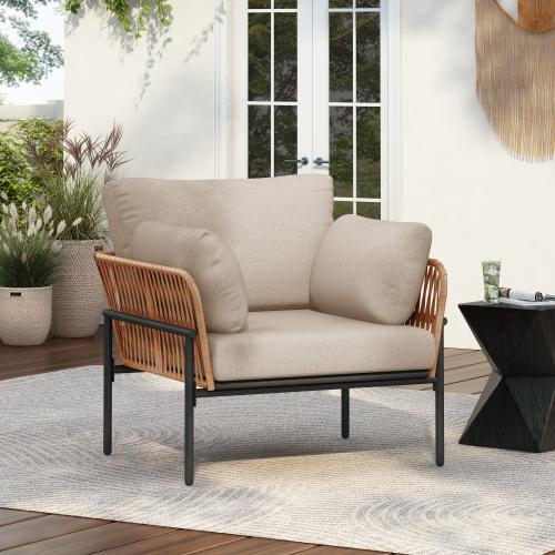 36-Inch Beige PE Rattan and Iron Patio Lounge Chair with Cushions