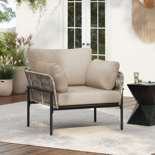 36-Inch Beige and Grey PE Rattan and Iron Patio Lounge Chair