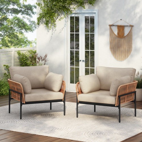Set of 2 Beige and Natural 36-Inch PE Rattan Iron Lounge Chairs