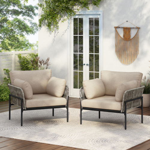 Set of 2 36-Inch Beige PE Rattan and Iron Chairs, Grey Cushions