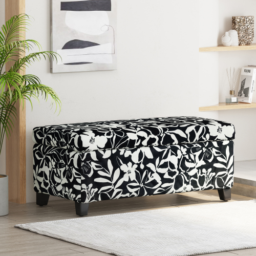 38.25-Inch Black Floral Polyester Storage Ottoman with Solid Wood