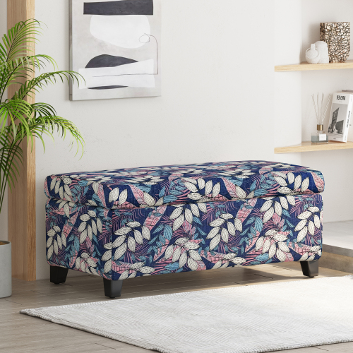 Multi Leaves Floral Polyester and Solid Wood Storage Ottoman, 38-Inch