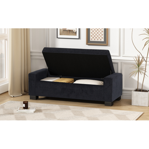 50-Inch Dark Blue Textured Fabric Storage Ottoman Bench with Hinged Lid