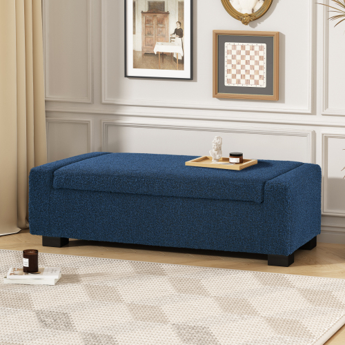 50-Inch Blue Textured Fabric Storage Ottoman Bench with Hinged Lid