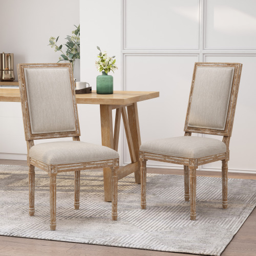 Beige Fabric and Solid Wood Dining Chair, 20 x 22.5 x 39.5 In.