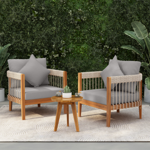 3-Piece Acacia Wood Patio Club Chair Set in Natural and Grey