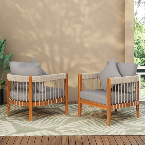 Set of 2 Natural Acacia Wood Patio Club Chairs with Grey Cushions